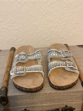 Forever 21 Silver Beaded Double-Strap Cork Slide Sandals